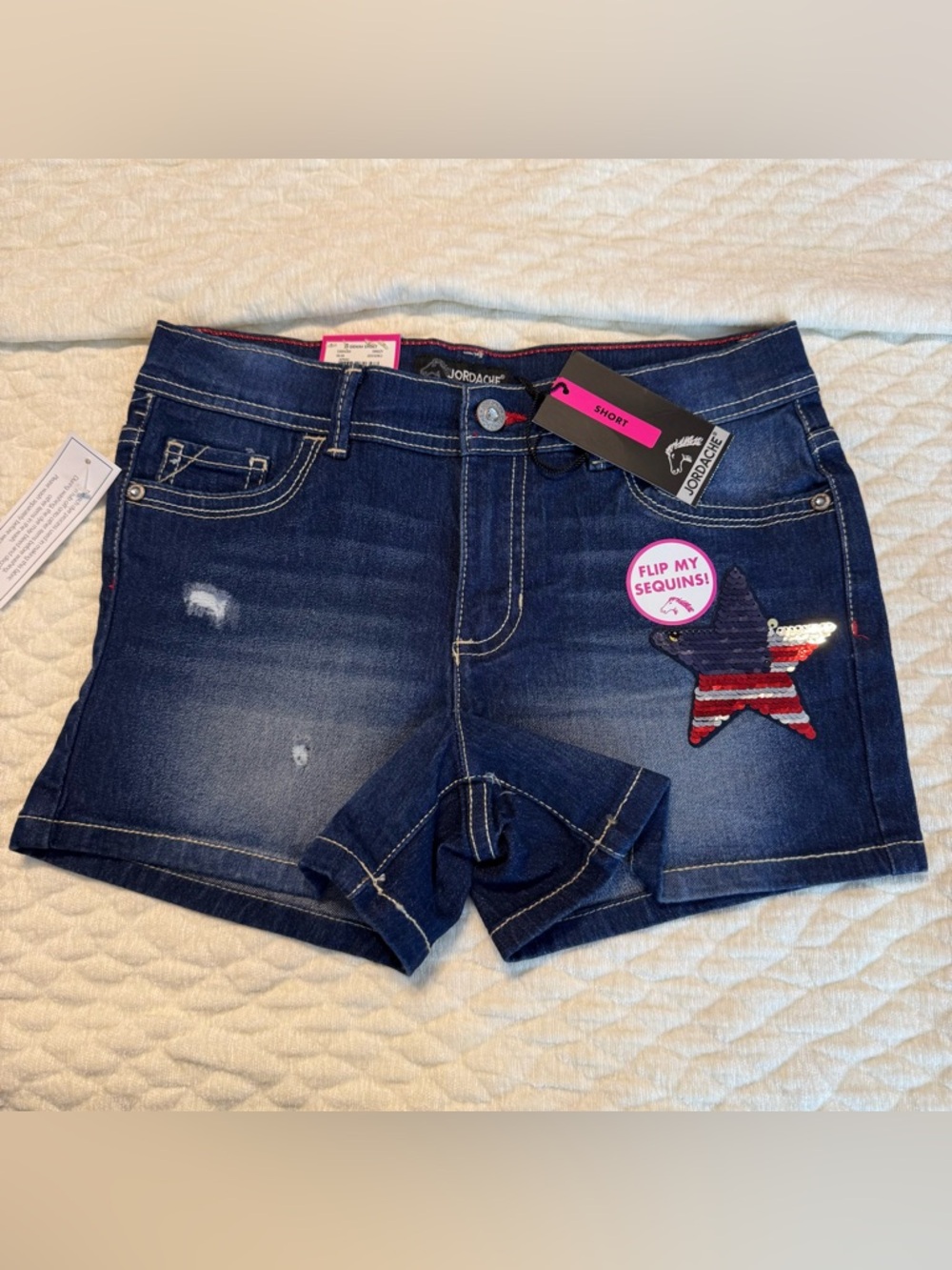 NEW Jordache Denim Jean Shorts Girls Size 14 Sequins Distressed Patriotic Flag
